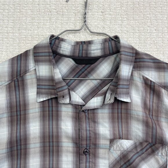 ARC’TERYX Brohm Shirt Men Blue / Burgundy Plaid Short Sleeve Button Up XL READ** - Picture 2 of 16